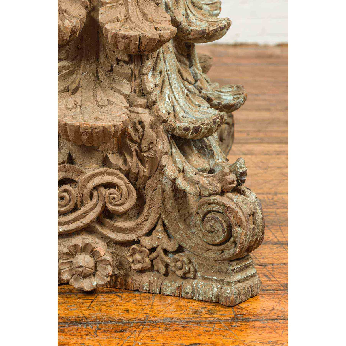 Indian Antique Corinthian Temple Capital Carving with Distressed Patina-7. Asian & Chinese Furniture, Art, Antiques, Vintage Home Décor for sale at FEA Home