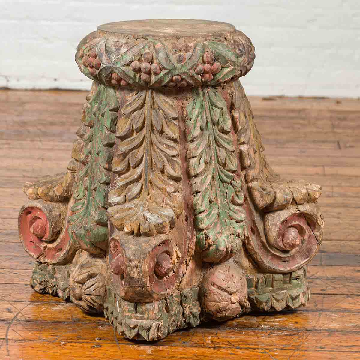 Indian Antique Temple Foliage Carved Capital with Original Green and Red Paint-12. Asian & Chinese Furniture, Art, Antiques, Vintage Home Décor for sale at FEA Home