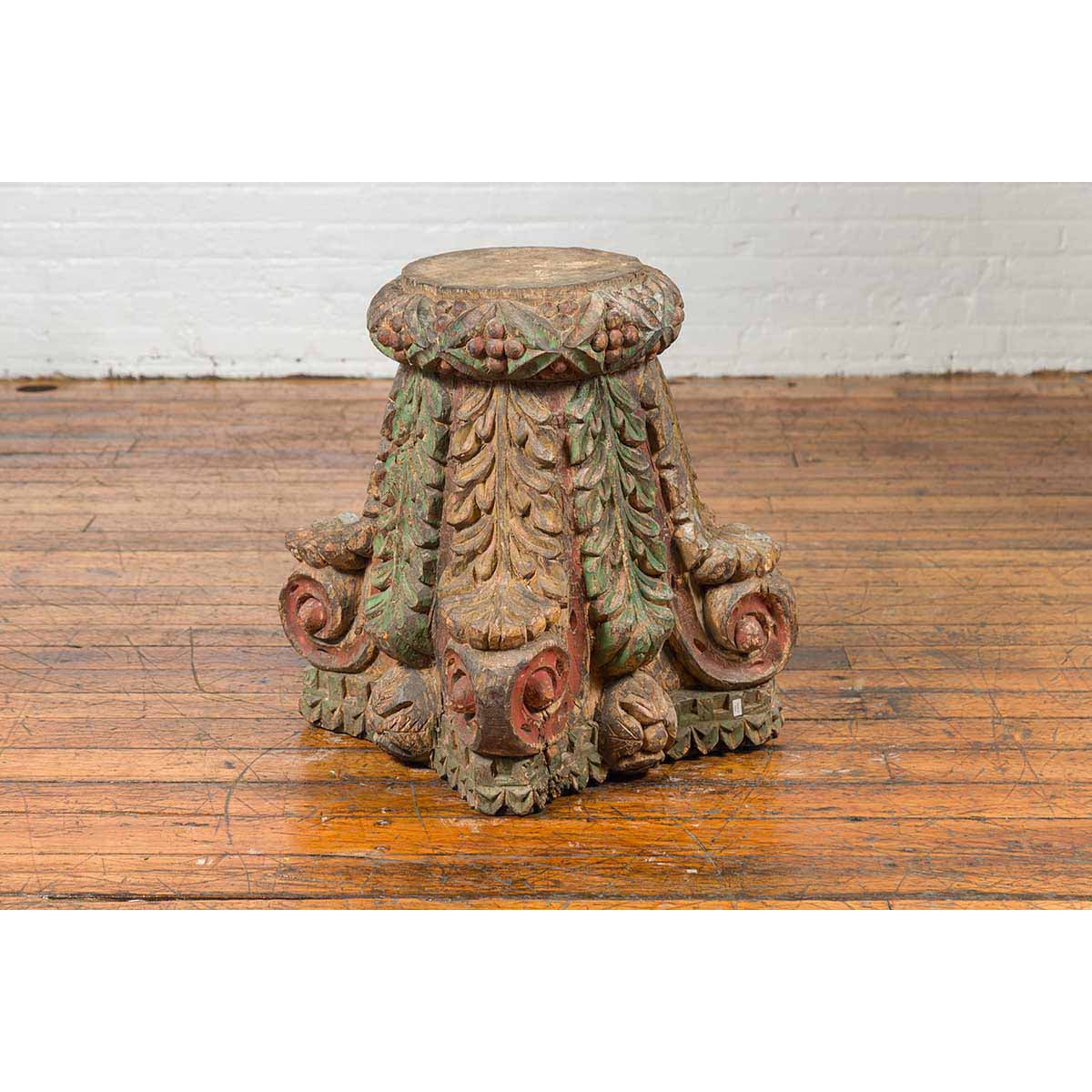 Indian Antique Temple Foliage Carved Capital with Original Green and Red Paint-11. Asian & Chinese Furniture, Art, Antiques, Vintage Home Décor for sale at FEA Home