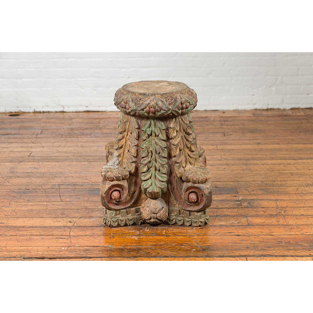 Indian Antique Temple Foliage Carved Capital with Original Green and Red Paint-4. Asian & Chinese Furniture, Art, Antiques, Vintage Home Décor for sale at FEA Home