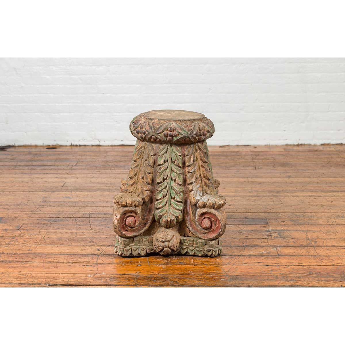 Indian Antique Temple Foliage Carved Capital with Original Green and Red Paint-6. Asian & Chinese Furniture, Art, Antiques, Vintage Home Décor for sale at FEA Home