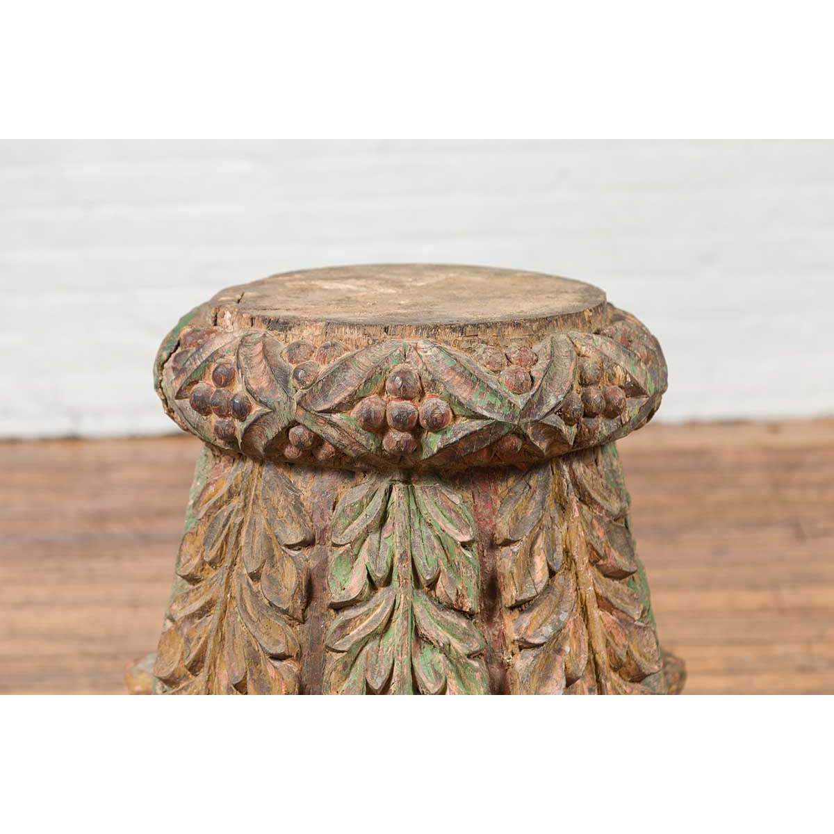 Indian Antique Temple Foliage Carved Capital with Original Green and Red Paint-7. Asian & Chinese Furniture, Art, Antiques, Vintage Home Décor for sale at FEA Home