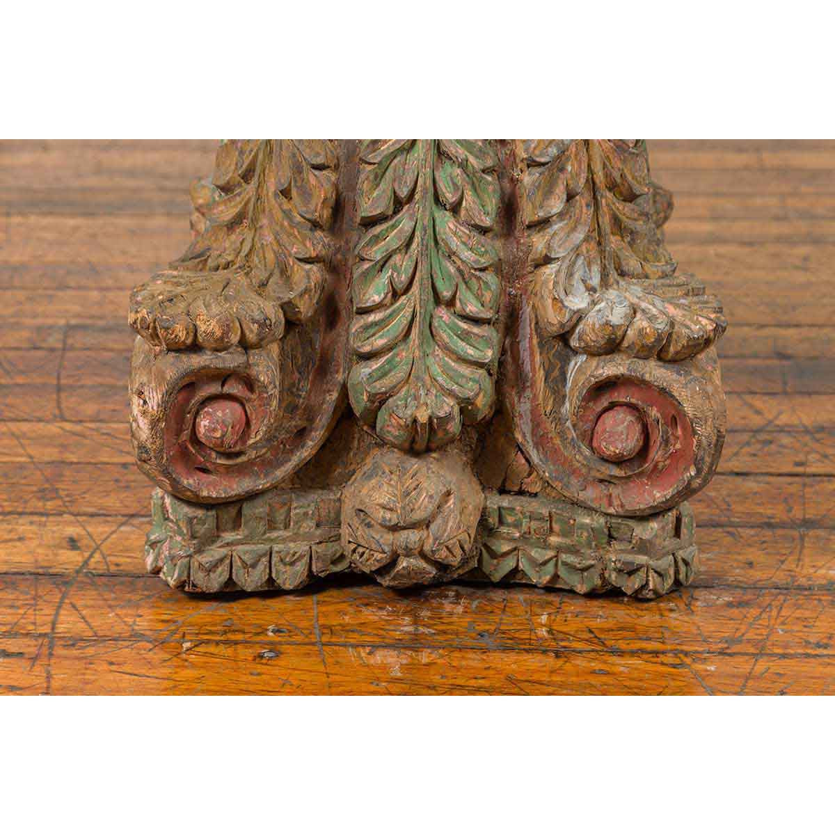 Indian Antique Temple Foliage Carved Capital with Original Green and Red Paint-8. Asian & Chinese Furniture, Art, Antiques, Vintage Home Décor for sale at FEA Home