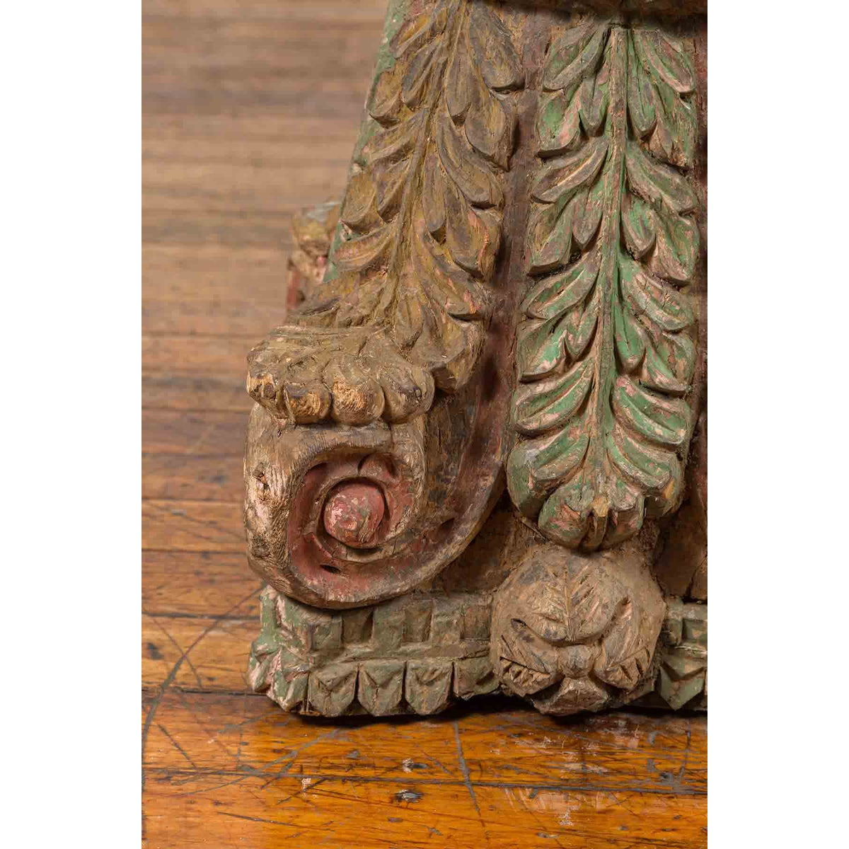 Indian Antique Temple Foliage Carved Capital with Original Green and Red Paint-9. Asian & Chinese Furniture, Art, Antiques, Vintage Home Décor for sale at FEA Home