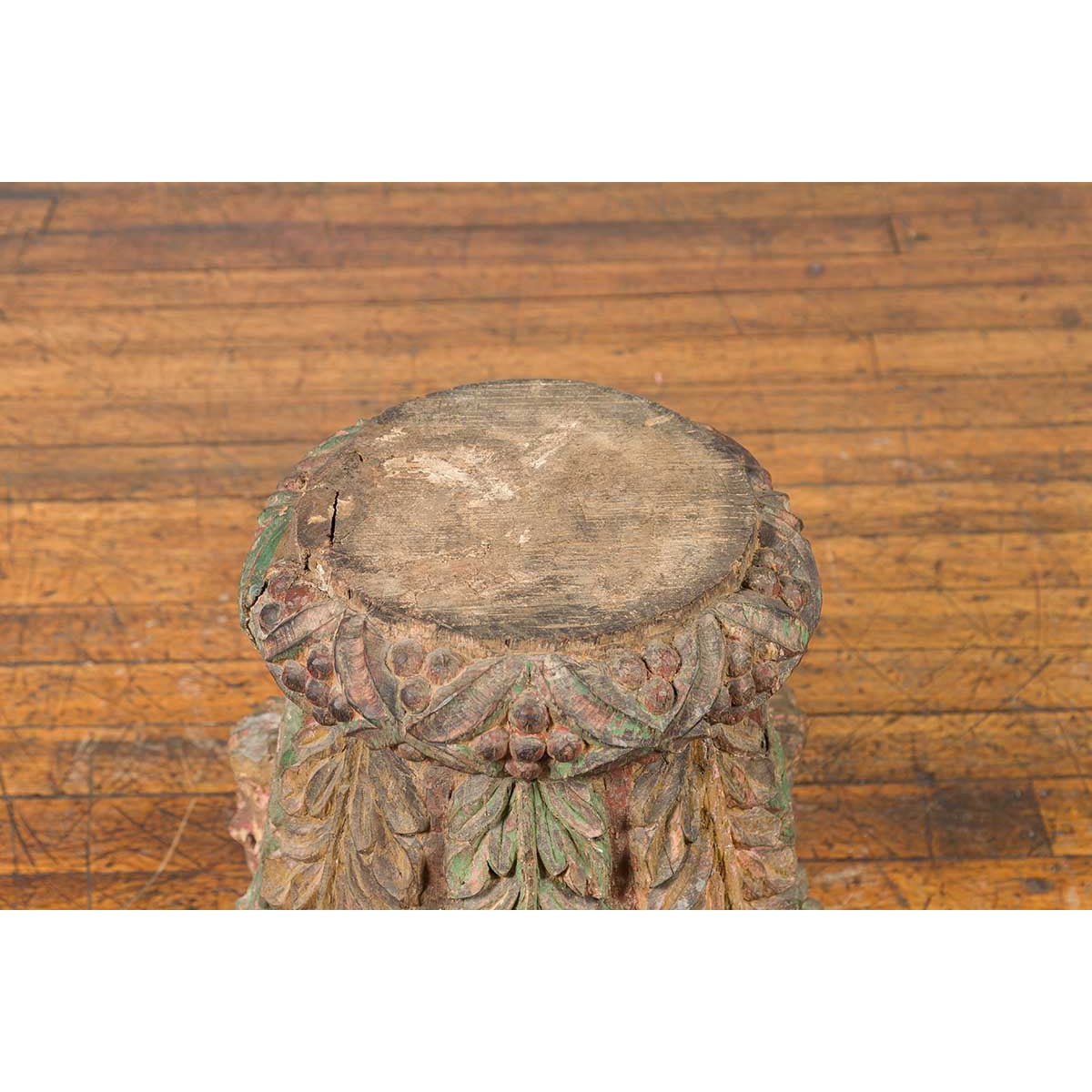 Indian Antique Temple Foliage Carved Capital with Original Green and Red Paint-5. Asian & Chinese Furniture, Art, Antiques, Vintage Home Décor for sale at FEA Home