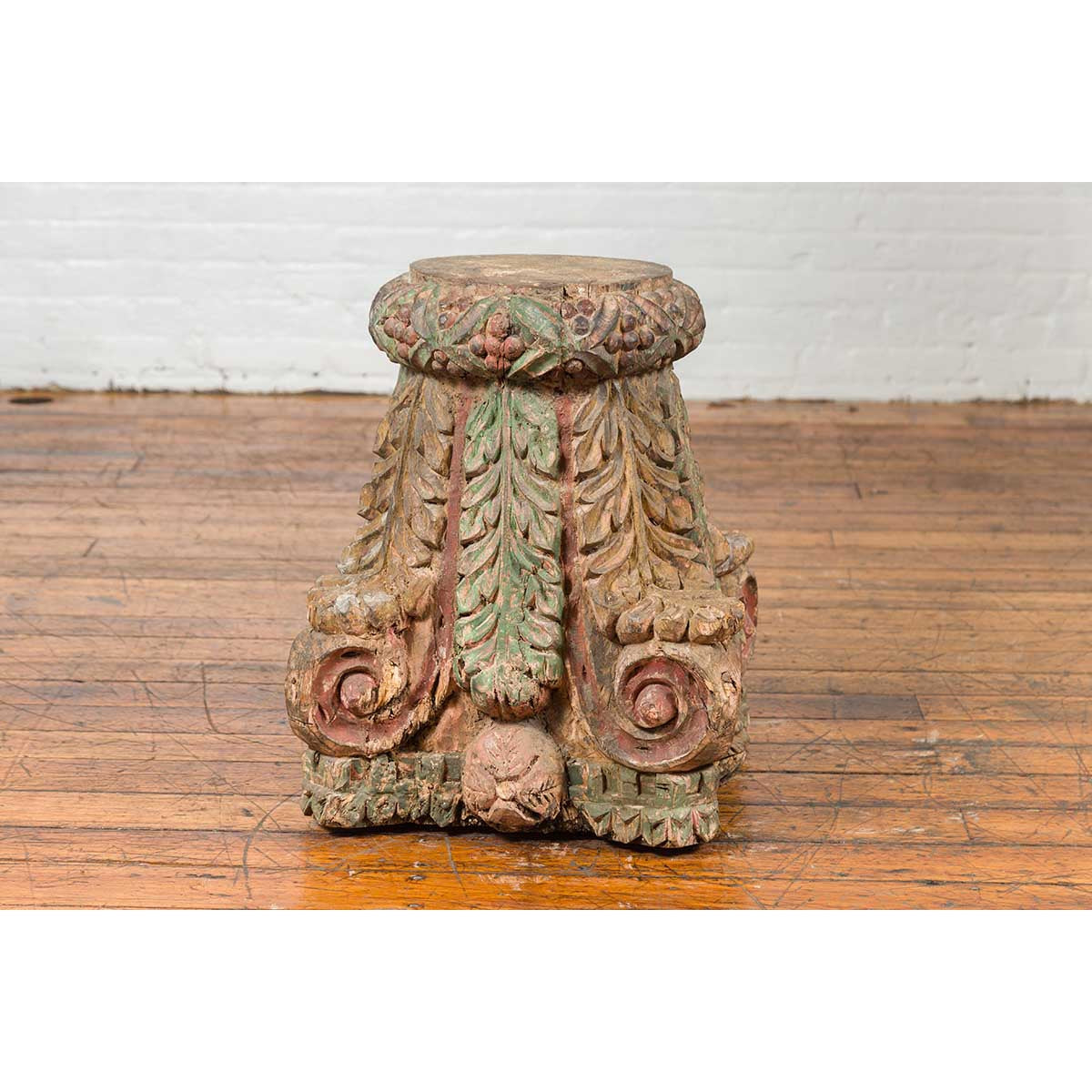 Indian Antique Temple Foliage Carved Capital with Original Green and Red Paint-10. Asian & Chinese Furniture, Art, Antiques, Vintage Home Décor for sale at FEA Home