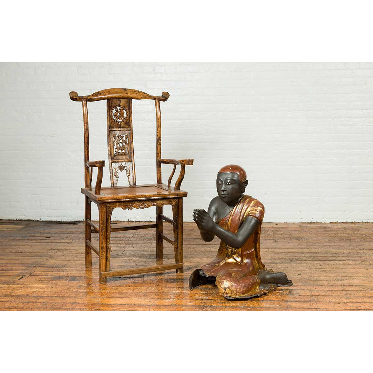 20th Century Thai Temple Ceremonial Lacquered and Gilt Kneeling Monk Sculpture-5. Asian & Chinese Furniture, Art, Antiques, Vintage Home Décor for sale at FEA Home
