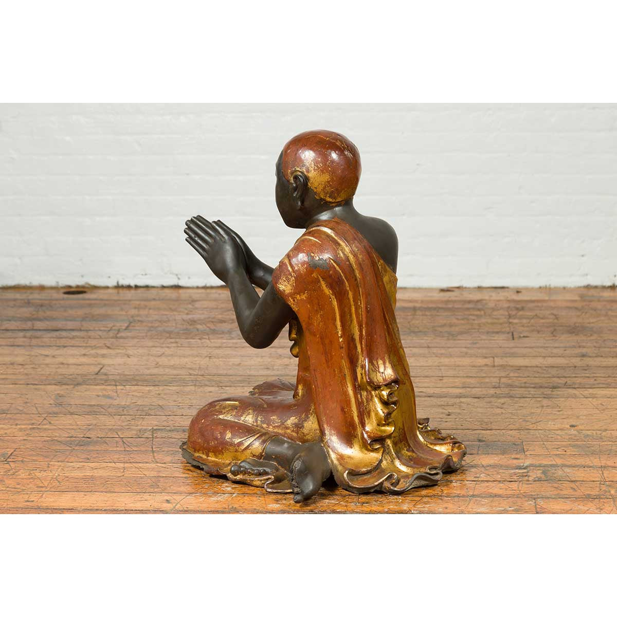 20th Century Thai Temple Ceremonial Lacquered and Gilt Kneeling Monk Sculpture-10. Asian & Chinese Furniture, Art, Antiques, Vintage Home Décor for sale at FEA Home