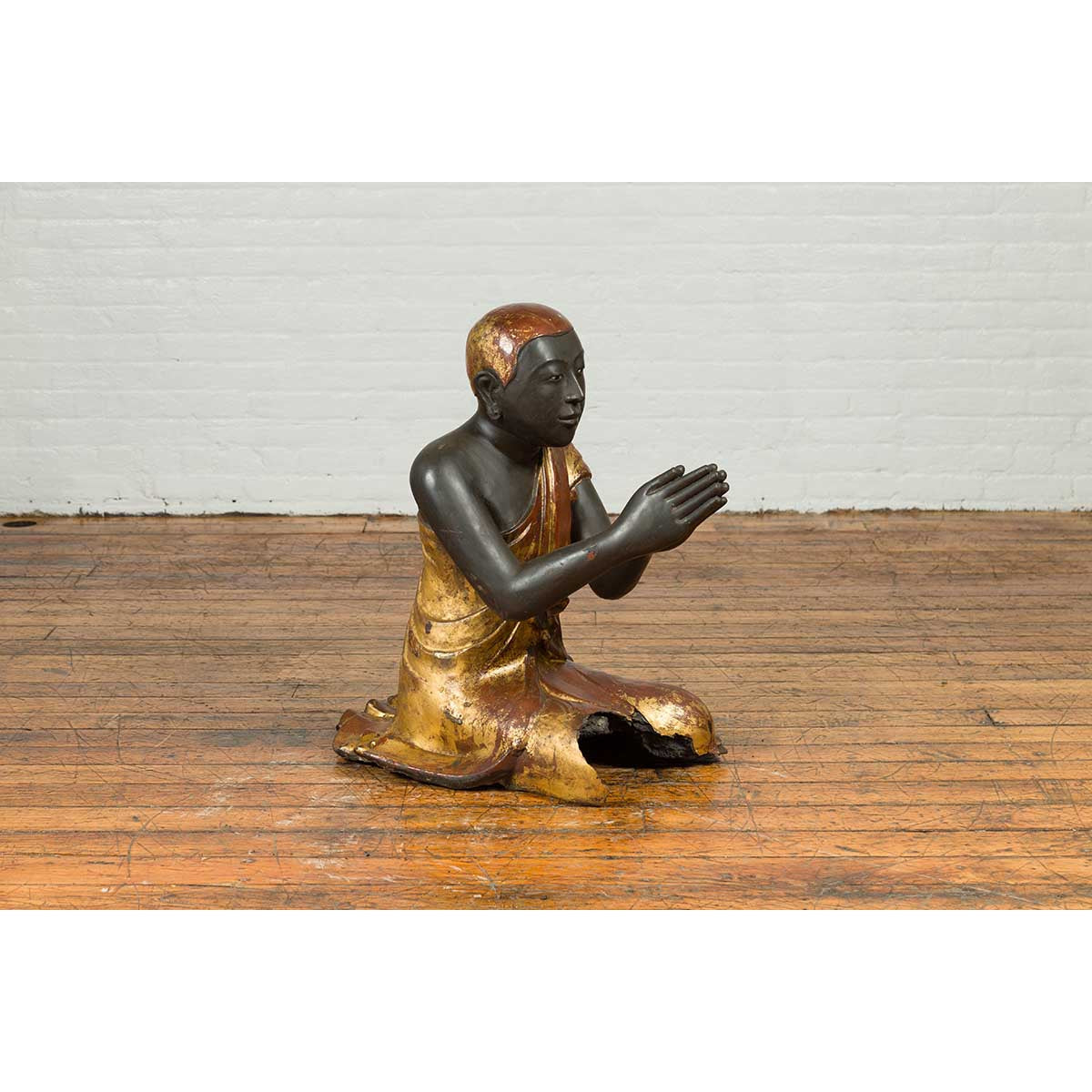 20th Century Thai Temple Ceremonial Lacquered and Gilt Kneeling Monk Sculpture-11. Asian & Chinese Furniture, Art, Antiques, Vintage Home Décor for sale at FEA Home