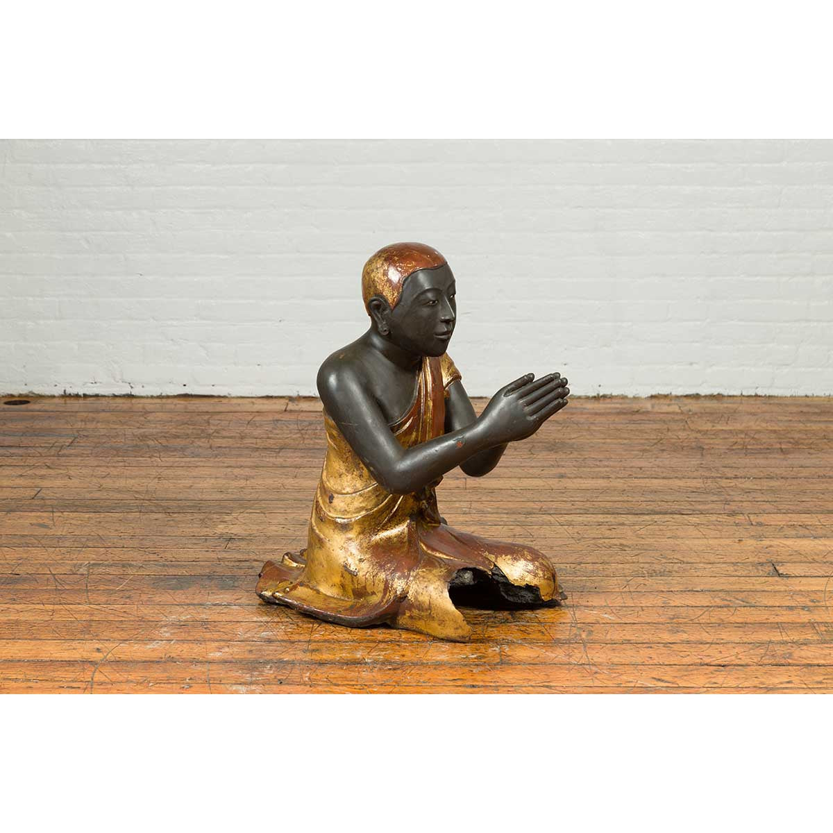 20th Century Thai Temple Ceremonial Lacquered and Gilt Kneeling Monk Sculpture-12. Asian & Chinese Furniture, Art, Antiques, Vintage Home Décor for sale at FEA Home