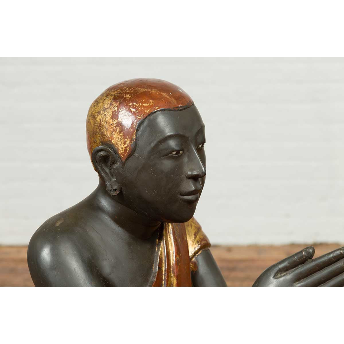 20th Century Thai Temple Ceremonial Lacquered and Gilt Kneeling Monk Sculpture-13. Asian & Chinese Furniture, Art, Antiques, Vintage Home Décor for sale at FEA Home