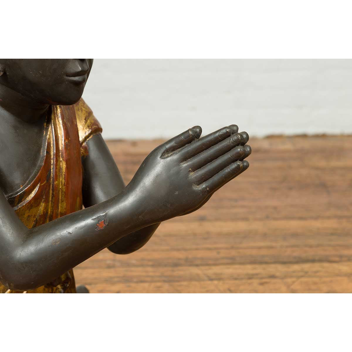 20th Century Thai Temple Ceremonial Lacquered and Gilt Kneeling Monk Sculpture-14. Asian & Chinese Furniture, Art, Antiques, Vintage Home Décor for sale at FEA Home