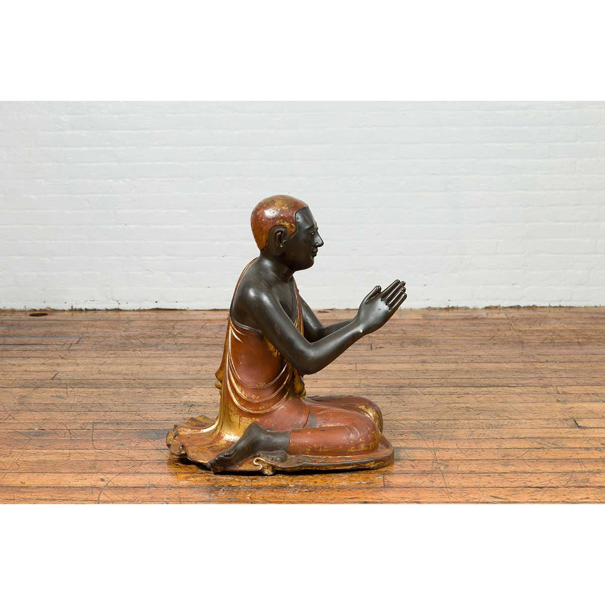 20th Century Thai Temple Ceremonial Lacquered and Gilt Kneeling Monk Sculpture-10. Asian & Chinese Furniture, Art, Antiques, Vintage Home Décor for sale at FEA Home