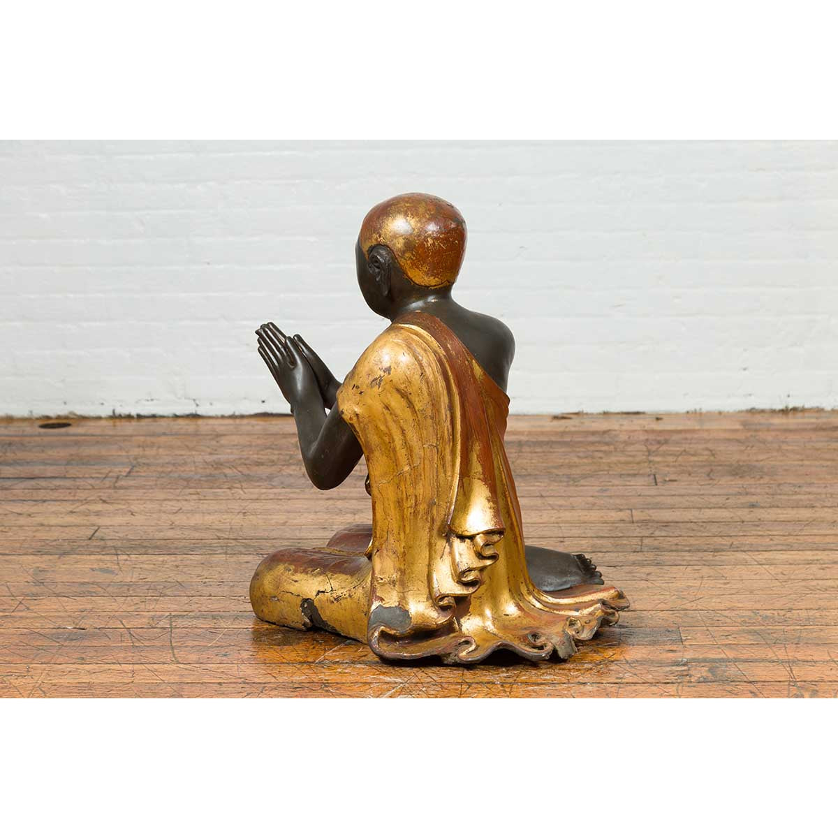 20th Century Thai Temple Ceremonial Lacquered and Gilt Kneeling Monk Sculpture-13. Asian & Chinese Furniture, Art, Antiques, Vintage Home Décor for sale at FEA Home