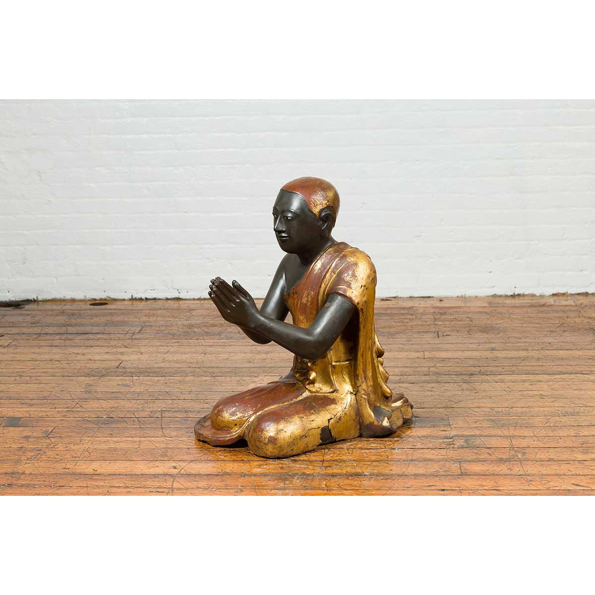 20th Century Thai Temple Ceremonial Lacquered and Gilt Kneeling Monk Sculpture-14. Asian & Chinese Furniture, Art, Antiques, Vintage Home Décor for sale at FEA Home