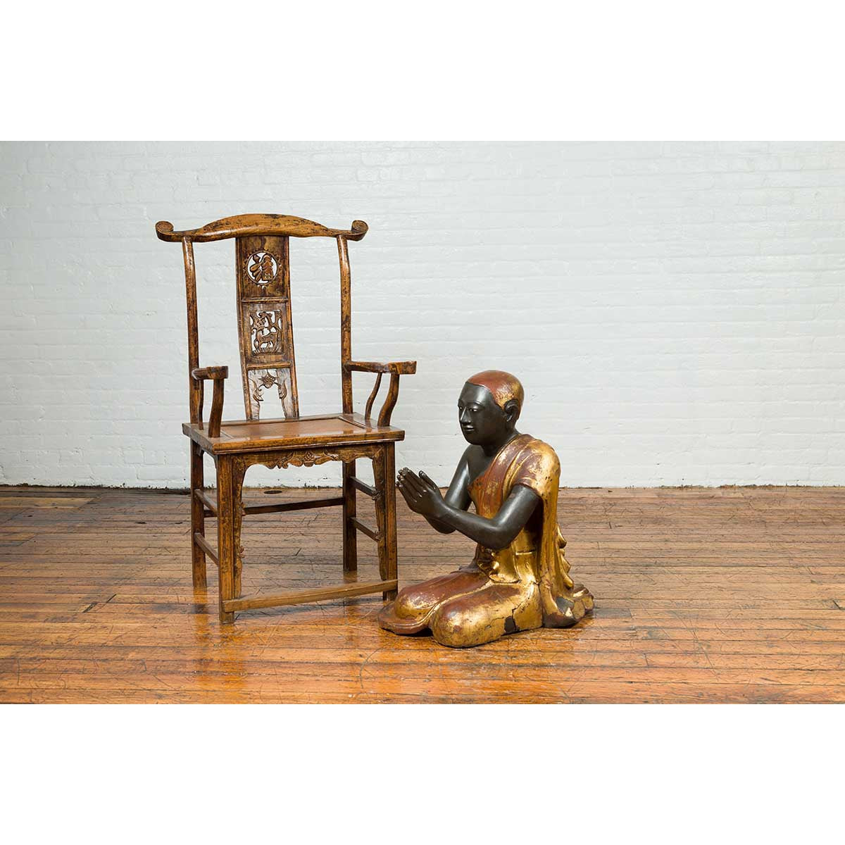 20th Century Thai Temple Ceremonial Lacquered and Gilt Kneeling Monk Sculpture-15. Asian & Chinese Furniture, Art, Antiques, Vintage Home Décor for sale at FEA Home