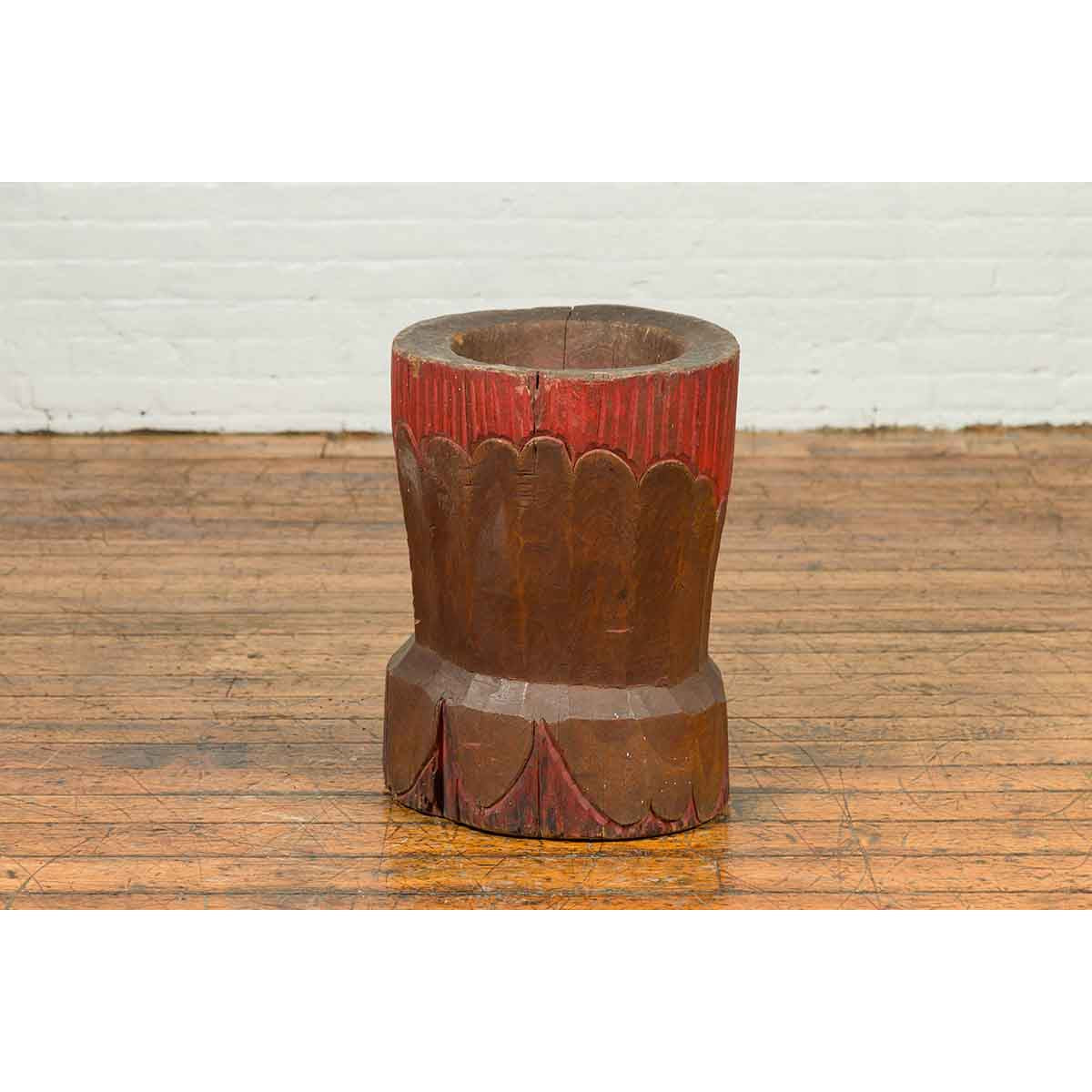 Antique Japanese Wooden Planter with Rustic Appearance and Red Patina-4. Asian & Chinese Furniture, Art, Antiques, Vintage Home Décor for sale at FEA Home