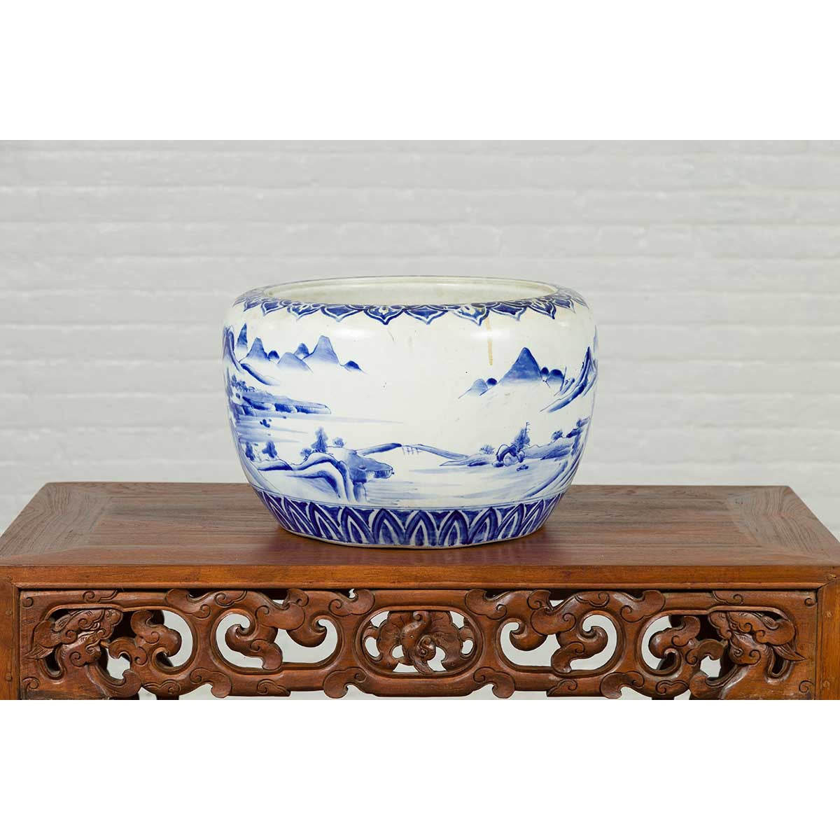 Japanese Meiji Period 19th Century Blue and White Round Porcelain Planter-8. Asian & Chinese Furniture, Art, Antiques, Vintage Home Décor for sale at FEA Home