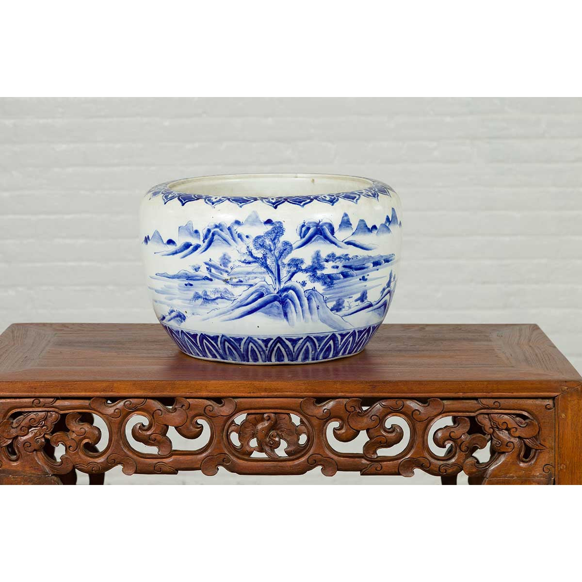 Japanese Meiji Period 19th Century Blue and White Round Porcelain Planter-9. Asian & Chinese Furniture, Art, Antiques, Vintage Home Décor for sale at FEA Home