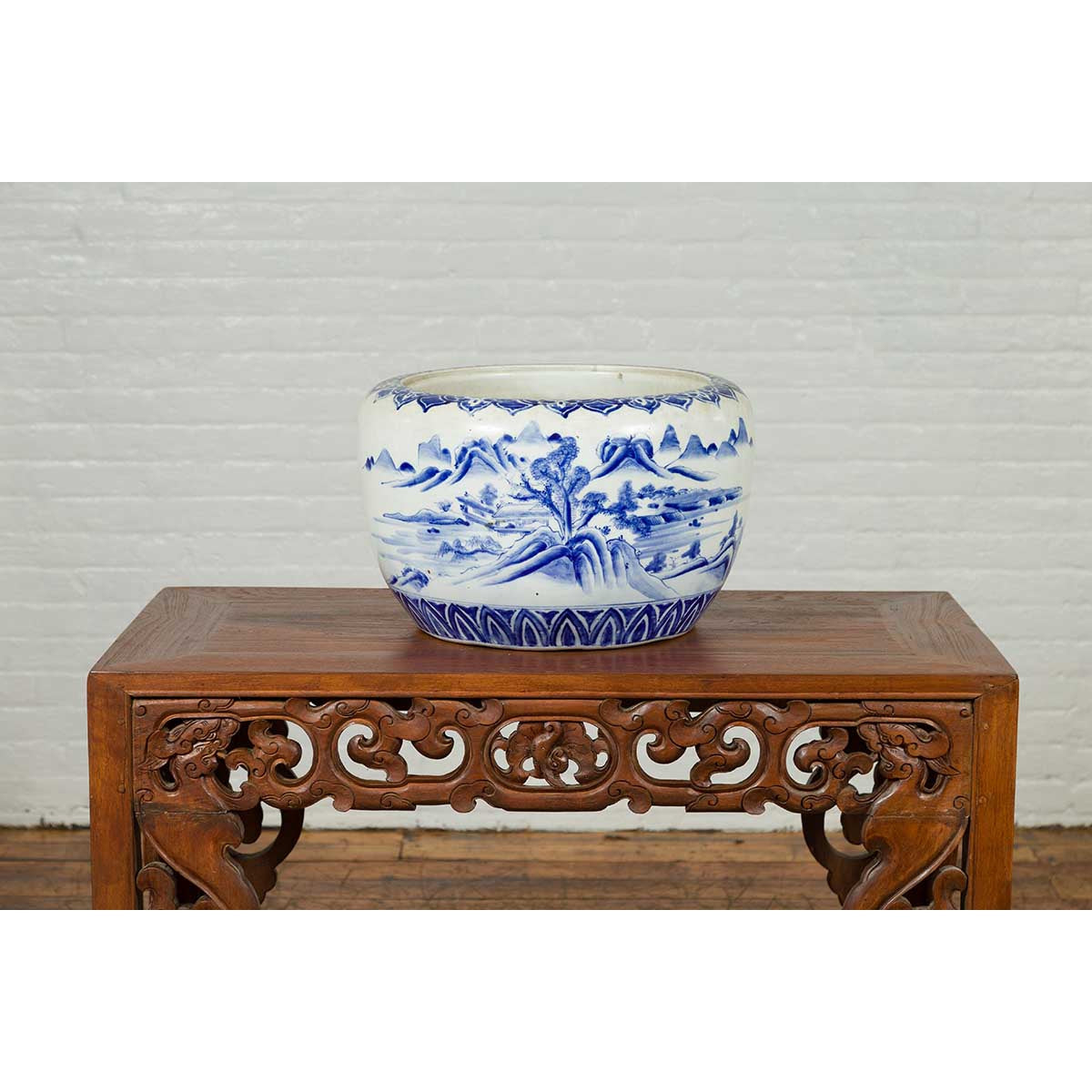 Japanese Meiji Period 19th Century Blue and White Round Porcelain Planter-10. Asian & Chinese Furniture, Art, Antiques, Vintage Home Décor for sale at FEA Home