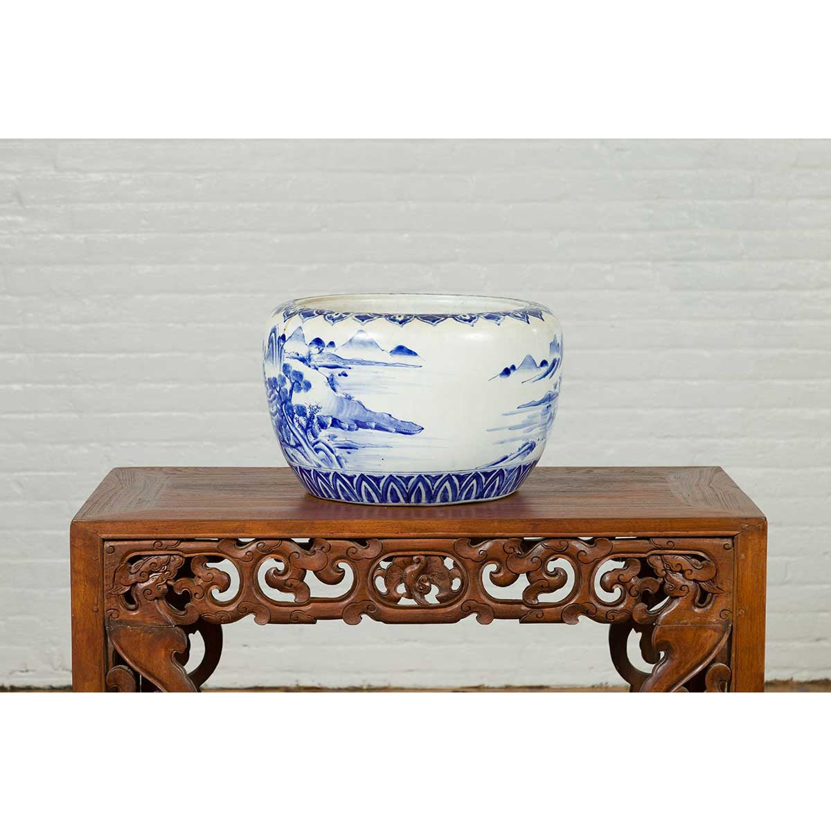Japanese Meiji Period 19th Century Blue and White Round Porcelain Planter-11. Asian & Chinese Furniture, Art, Antiques, Vintage Home Décor for sale at FEA Home