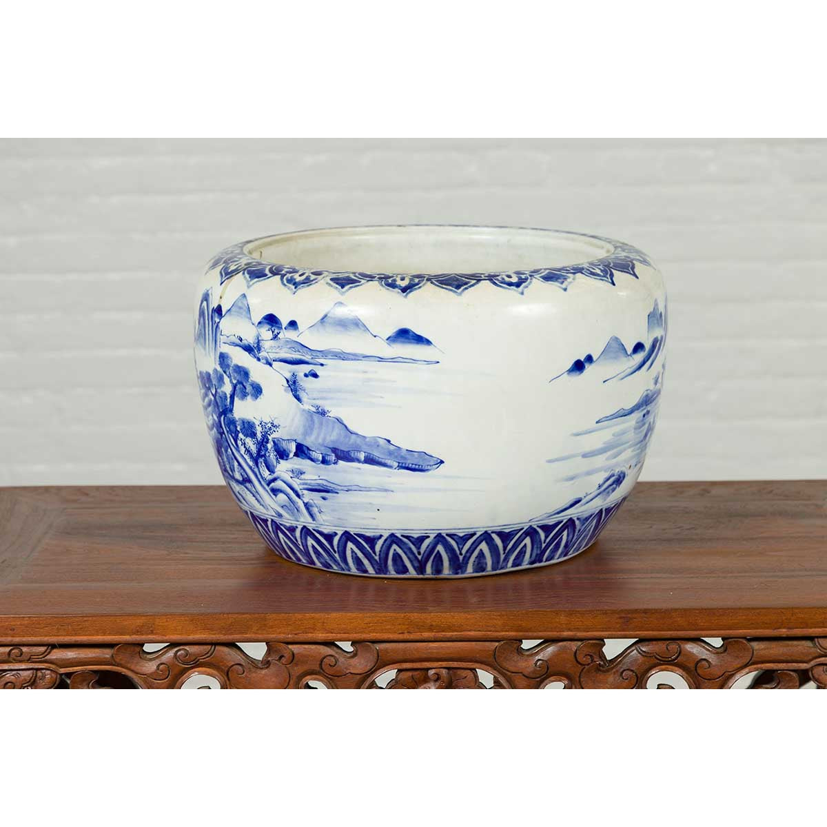 Japanese Meiji Period 19th Century Blue and White Round Porcelain Planter-12. Asian & Chinese Furniture, Art, Antiques, Vintage Home Décor for sale at FEA Home