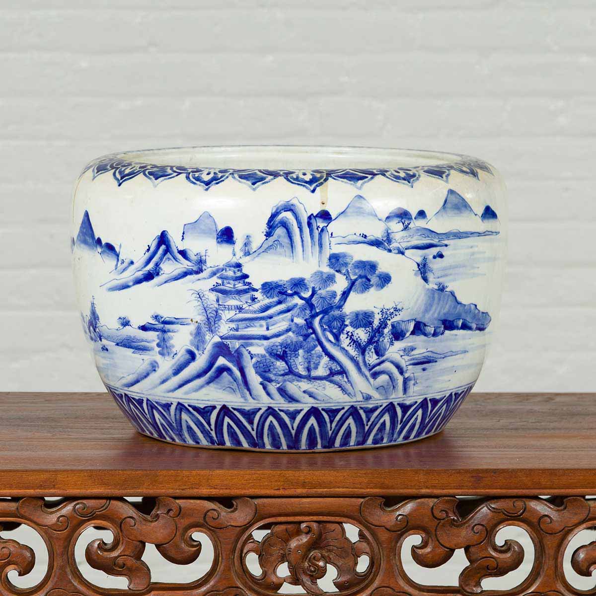 Japanese Meiji Period 19th Century Blue and White Round Porcelain Planter-7. Asian & Chinese Furniture, Art, Antiques, Vintage Home Décor for sale at FEA Home