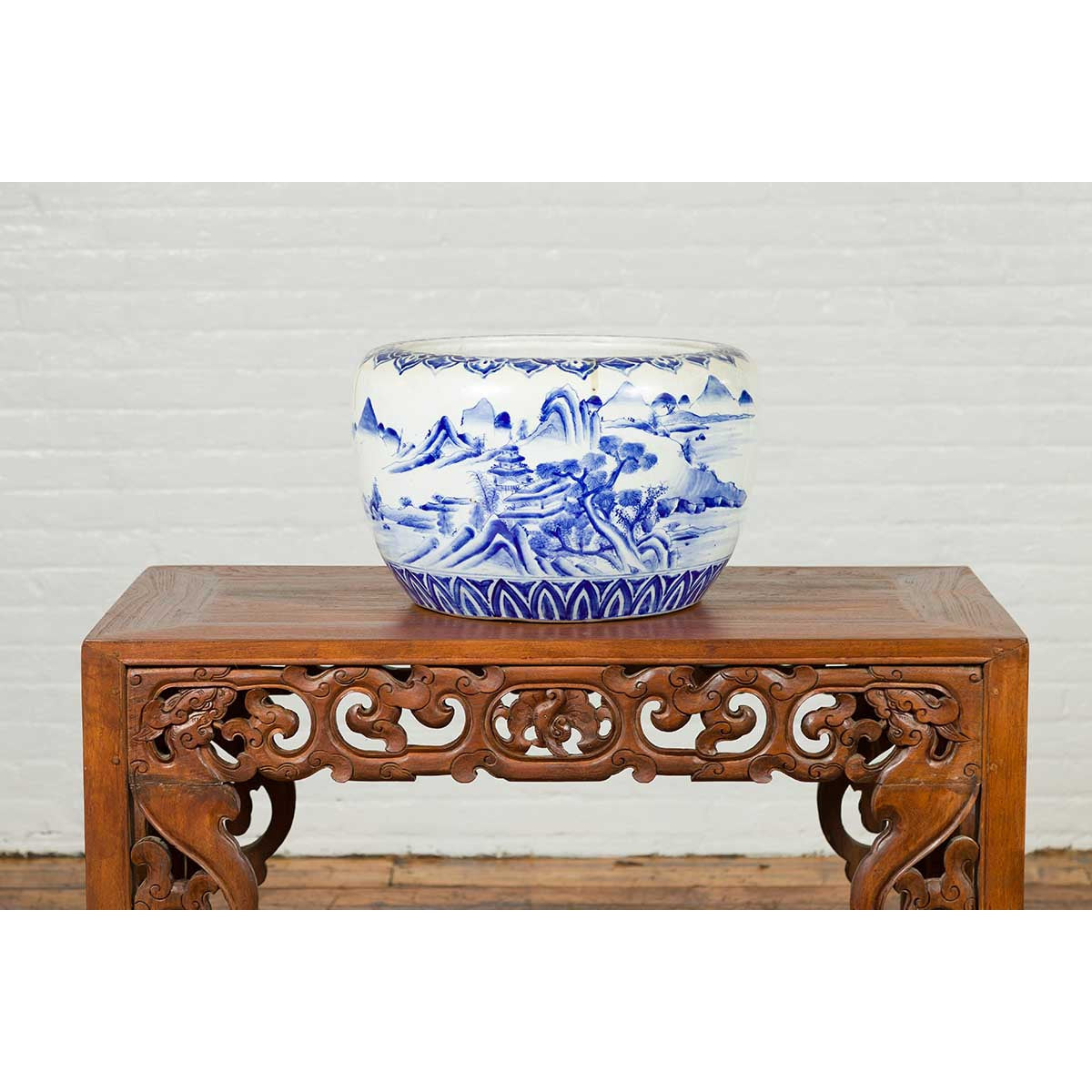 Japanese Meiji Period 19th Century Blue and White Round Porcelain Planter-3. Asian & Chinese Furniture, Art, Antiques, Vintage Home Décor for sale at FEA Home