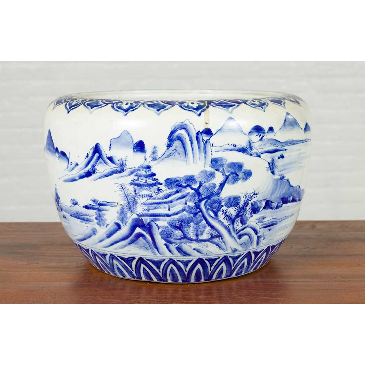 Japanese Meiji Period 19th Century Blue and White Round Porcelain Planter-2. Asian & Chinese Furniture, Art, Antiques, Vintage Home Décor for sale at FEA Home