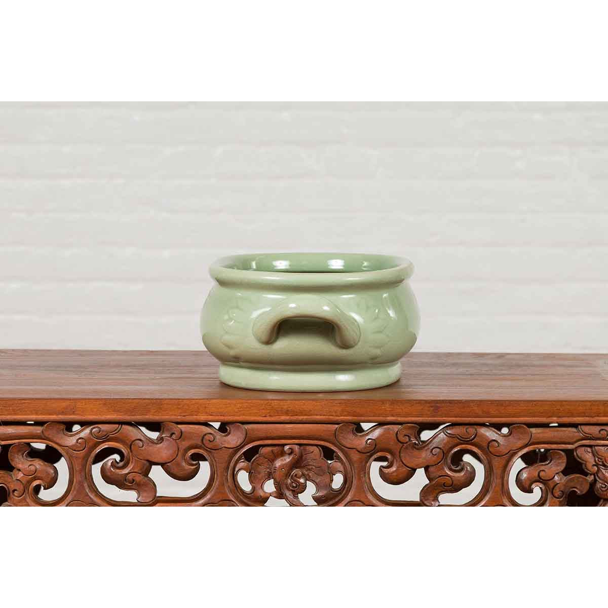 Chinese Vintage Celadon Foot Bath with Two Handles and Foliage Motifs-10. Asian & Chinese Furniture, Art, Antiques, Vintage Home Décor for sale at FEA Home