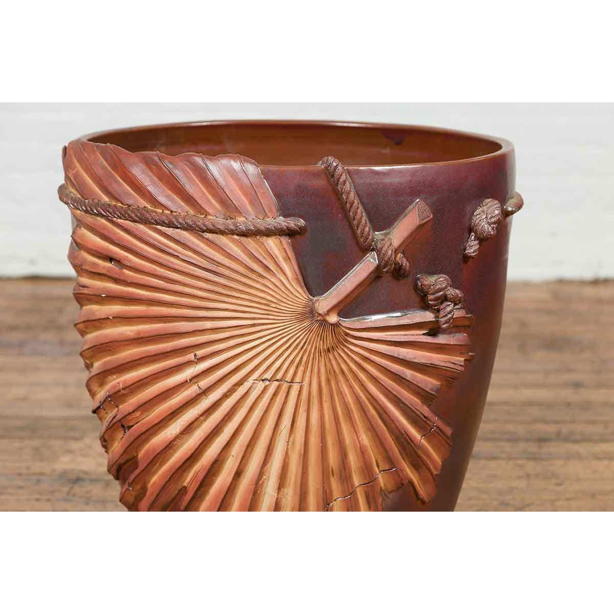 Large Contemporary Thai Garnet Toned Planter with Palm Leaf and Rope Motifs-4. Asian & Chinese Furniture, Art, Antiques, Vintage Home Décor for sale at FEA Home