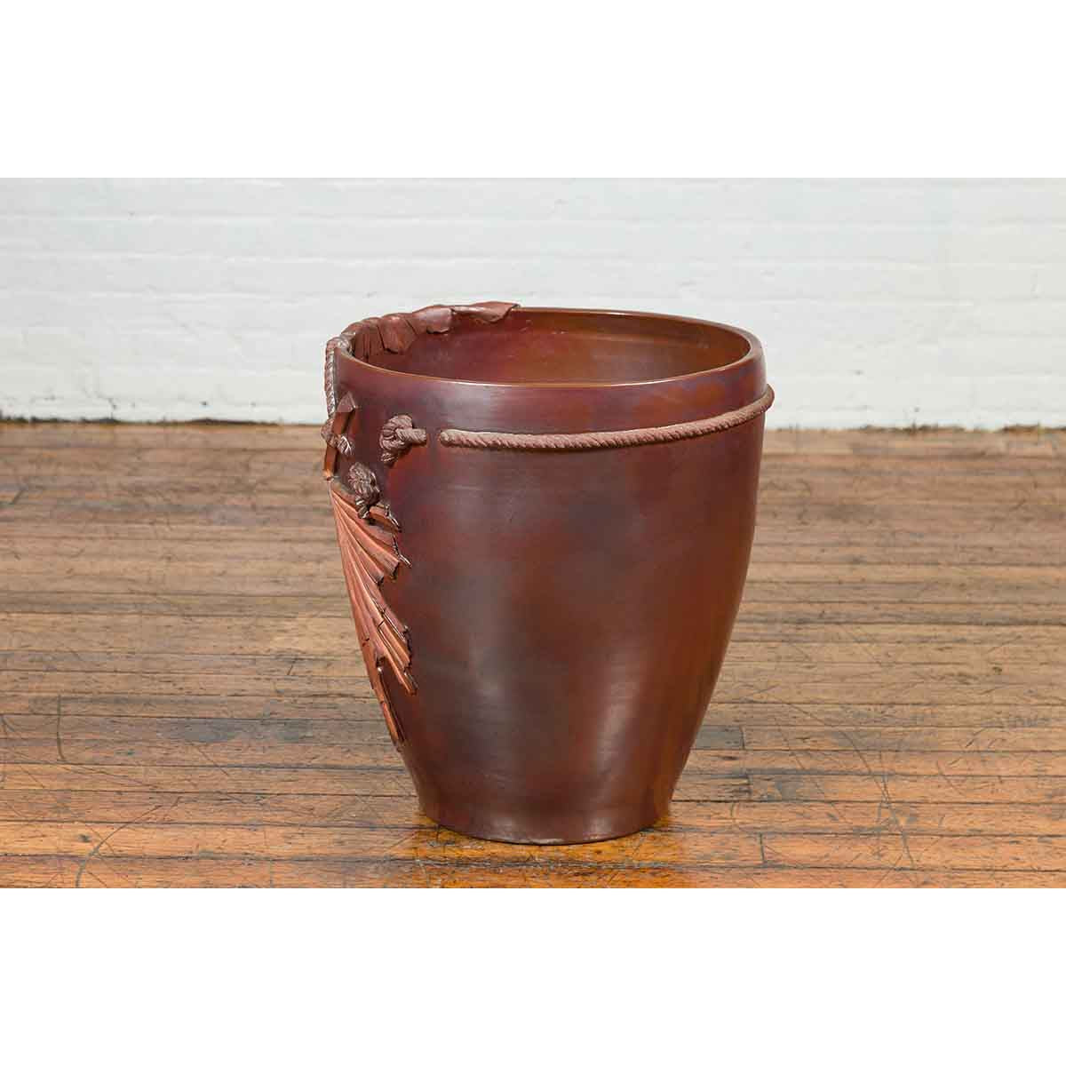 Large Contemporary Thai Garnet Toned Planter with Palm Leaf and Rope Motifs-11. Asian & Chinese Furniture, Art, Antiques, Vintage Home Décor for sale at FEA Home
