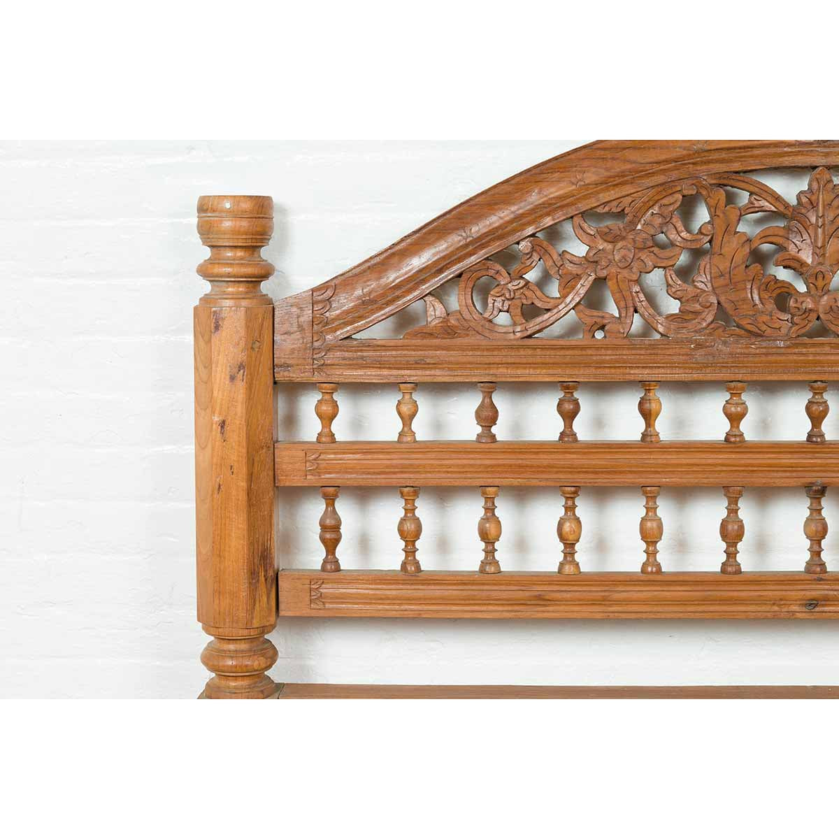 Vintage Carved Indonesian Headboard with Scrolling Foliage and Petite Balusters-6. Asian & Chinese Furniture, Art, Antiques, Vintage Home Décor for sale at FEA Home