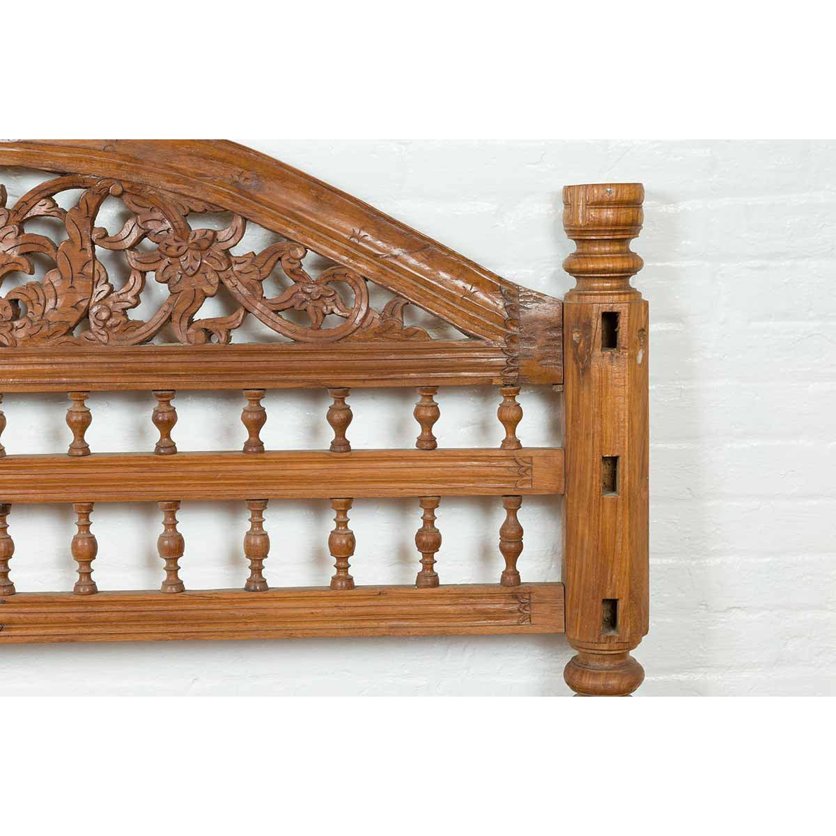 Vintage Carved Indonesian Headboard with Scrolling Foliage and Petite Balusters-7. Asian & Chinese Furniture, Art, Antiques, Vintage Home Décor for sale at FEA Home