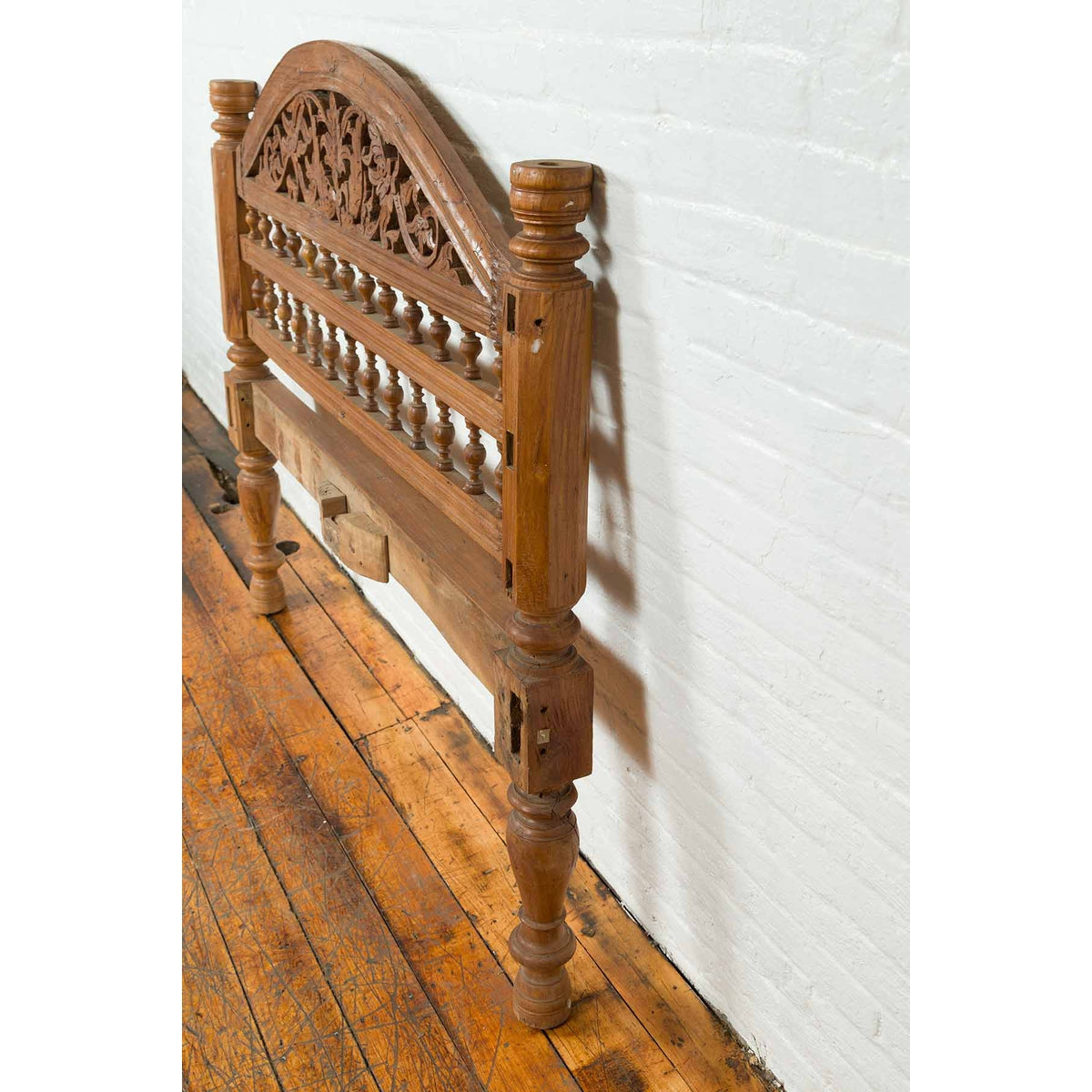 Vintage Carved Indonesian Headboard with Scrolling Foliage and Petite Balusters-9. Asian & Chinese Furniture, Art, Antiques, Vintage Home Décor for sale at FEA Home