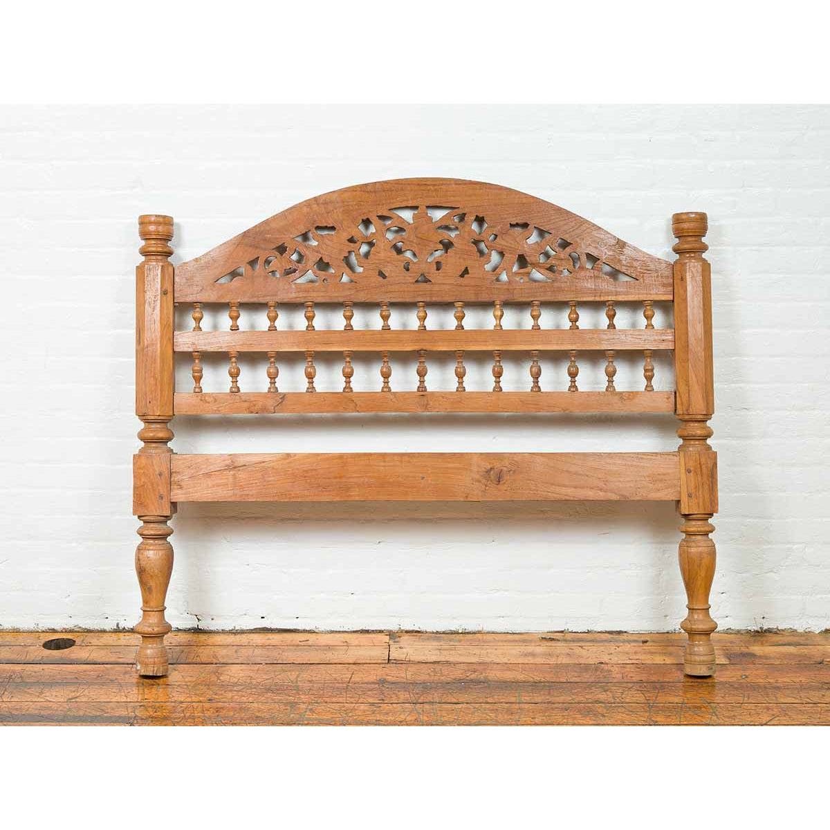 Vintage Carved Indonesian Headboard with Scrolling Foliage and Petite Balusters-3. Asian & Chinese Furniture, Art, Antiques, Vintage Home Décor for sale at FEA Home