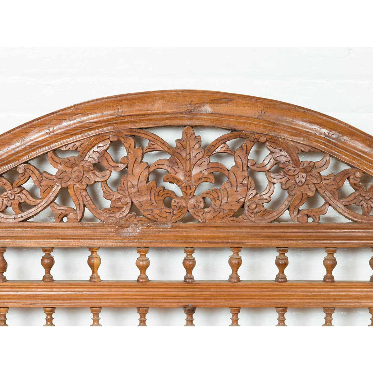 Vintage Carved Indonesian Headboard with Scrolling Foliage and Petite Balusters-5. Asian & Chinese Furniture, Art, Antiques, Vintage Home Décor for sale at FEA Home