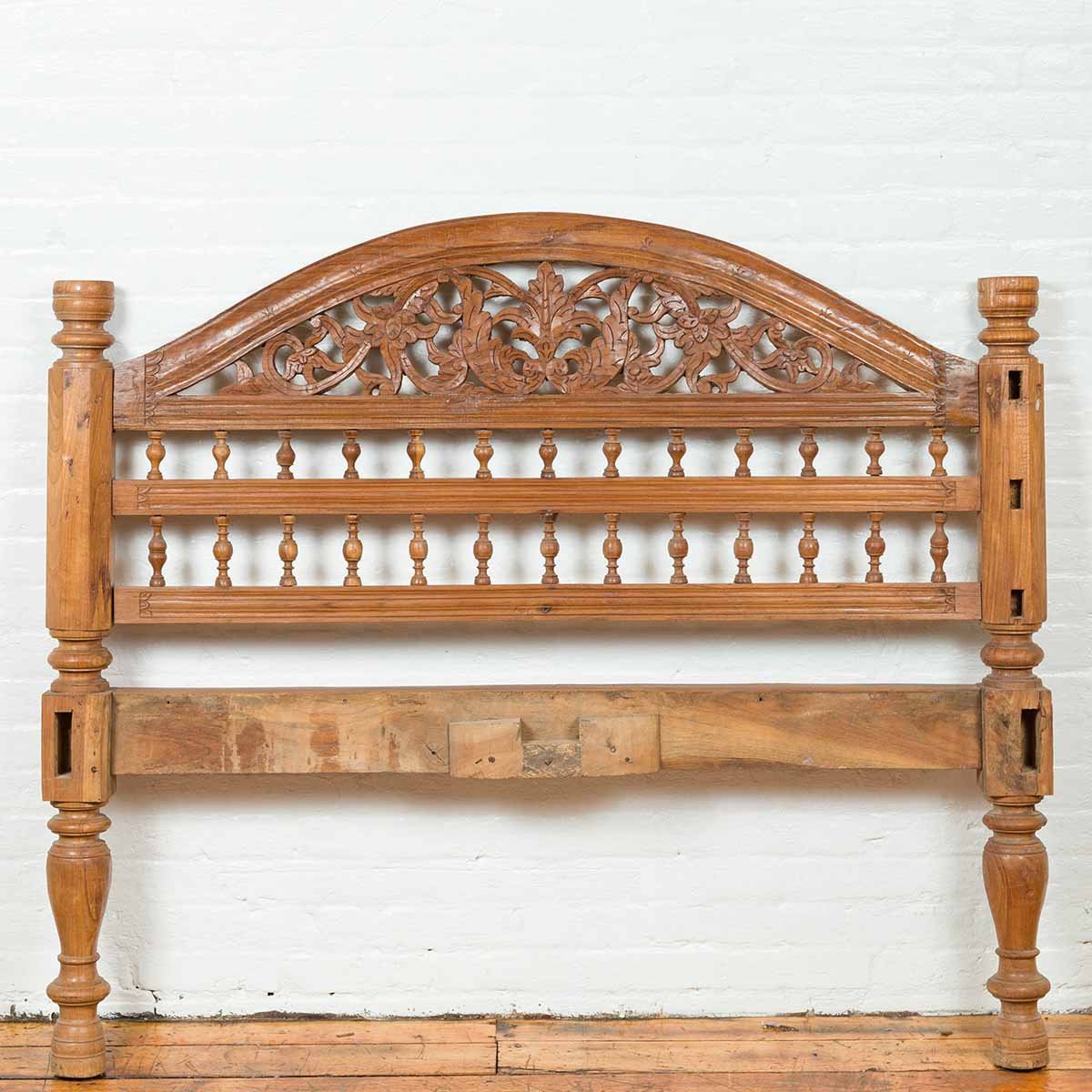 Vintage Carved Indonesian Headboard with Scrolling Foliage and Petite Balusters-2. Asian & Chinese Furniture, Art, Antiques, Vintage Home Décor for sale at FEA Home