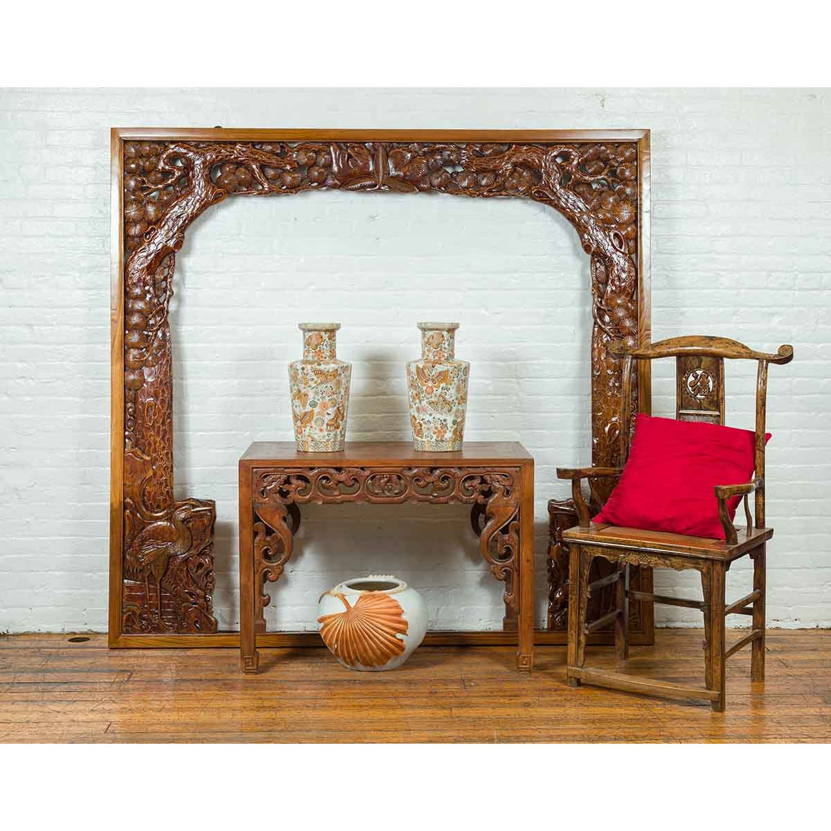 Antique Carved Large Wooden Frame with Birds and Foliage-3. Asian & Chinese Furniture, Art, Antiques, Vintage Home Décor for sale at FEA Home