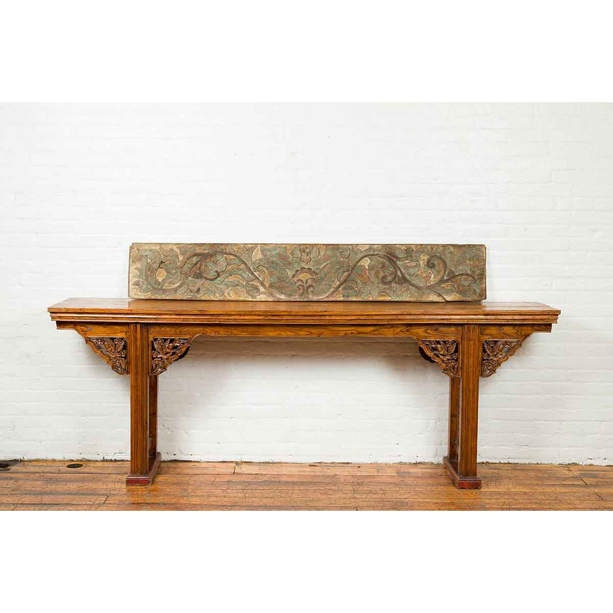 Antique Indonesian Painted and Carved Wood Door Panel with Scrolls and Foliage-12. Asian & Chinese Furniture, Art, Antiques, Vintage Home Décor for sale at FEA Home