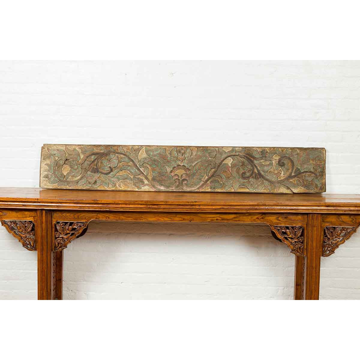 Antique Indonesian Painted and Carved Wood Door Panel with Scrolls and Foliage-5. Asian & Chinese Furniture, Art, Antiques, Vintage Home Décor for sale at FEA Home