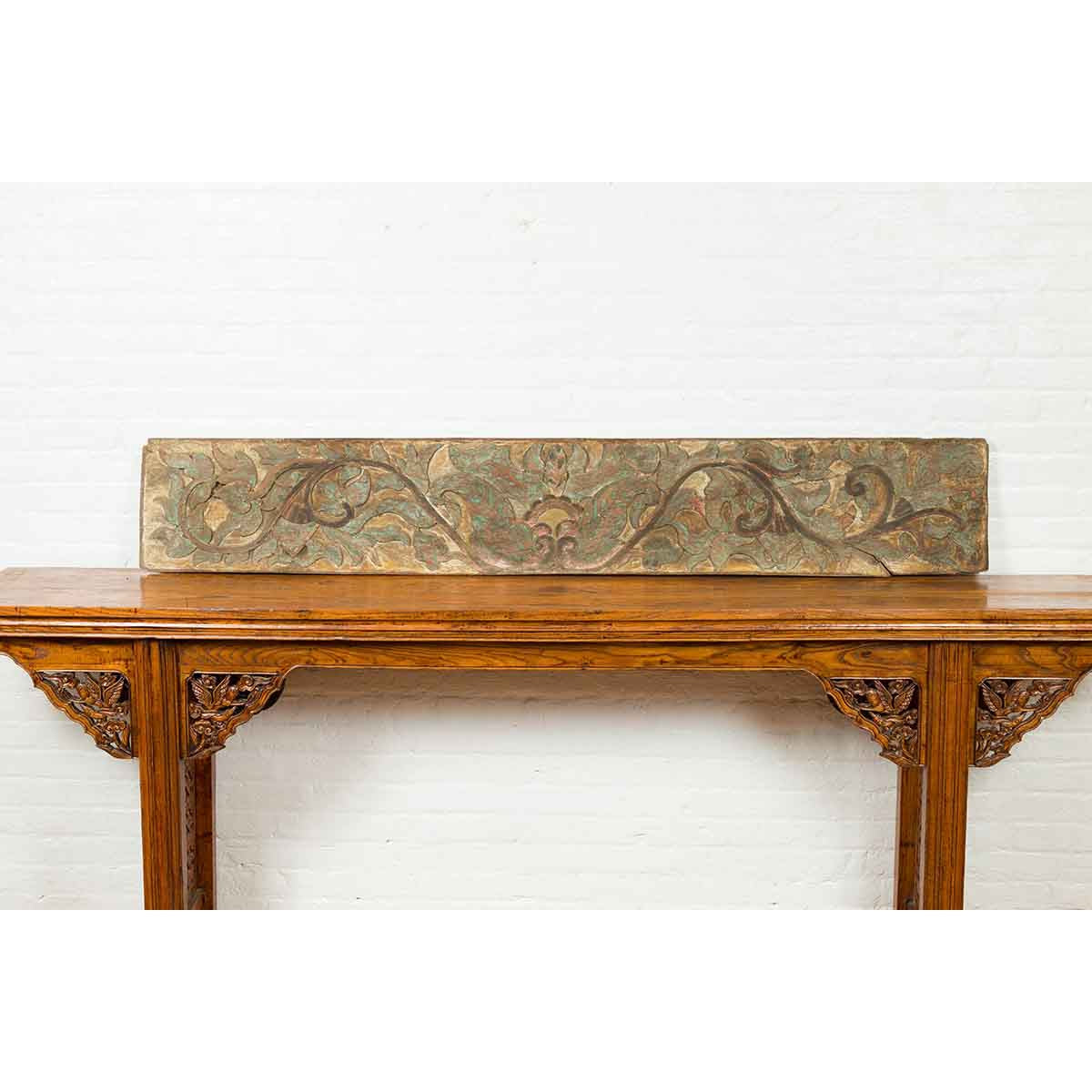 Antique Indonesian Painted and Carved Wood Door Panel with Scrolls and Foliage-6. Asian & Chinese Furniture, Art, Antiques, Vintage Home Décor for sale at FEA Home