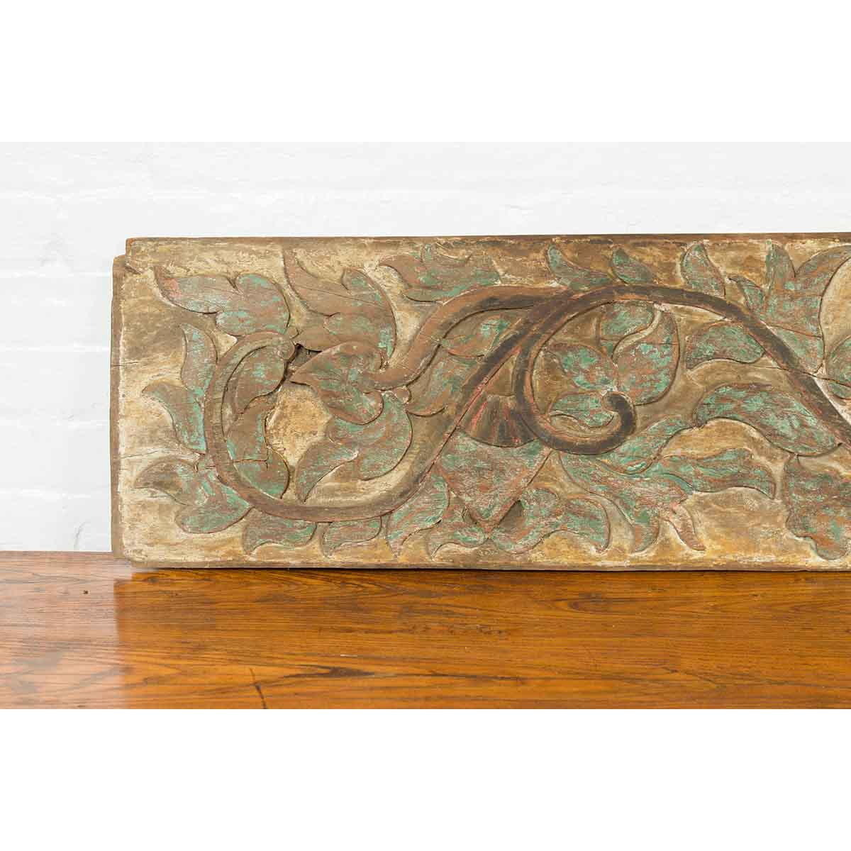 Antique Indonesian Painted and Carved Wood Door Panel with Scrolls and Foliage-8. Asian & Chinese Furniture, Art, Antiques, Vintage Home Décor for sale at FEA Home