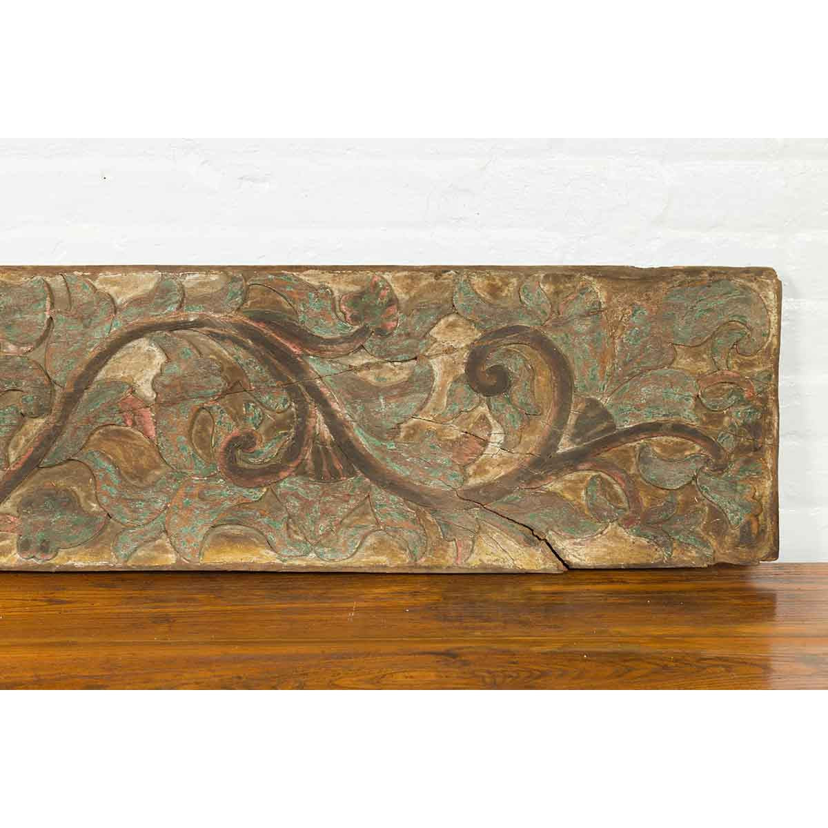 Antique Indonesian Painted and Carved Wood Door Panel with Scrolls and Foliage-10. Asian & Chinese Furniture, Art, Antiques, Vintage Home Décor for sale at FEA Home