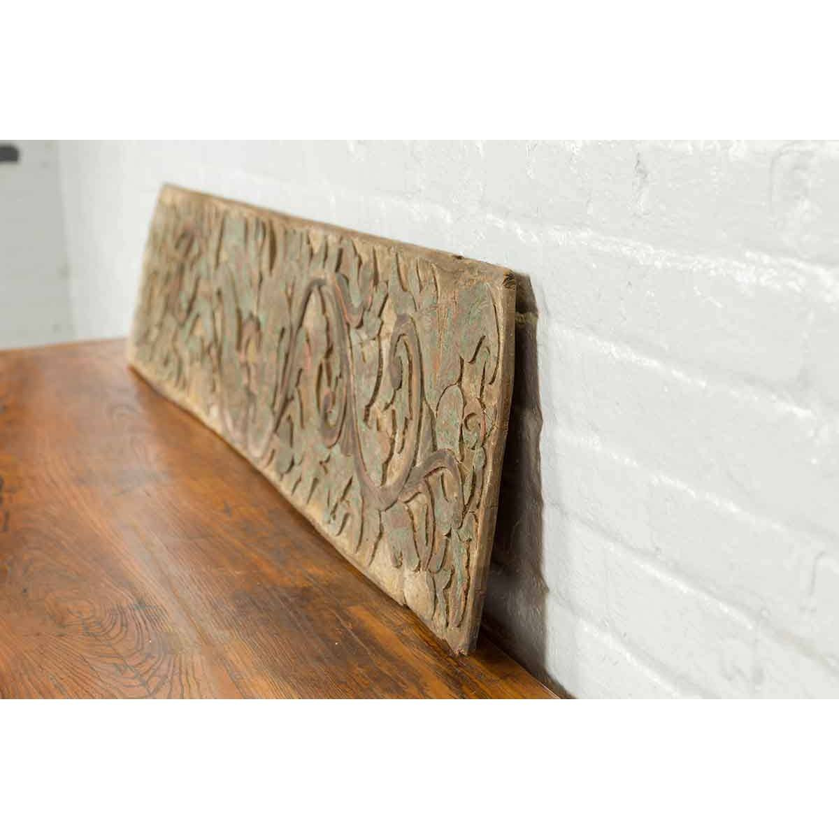 Antique Indonesian Painted and Carved Wood Door Panel with Scrolls and Foliage-4. Asian & Chinese Furniture, Art, Antiques, Vintage Home Décor for sale at FEA Home