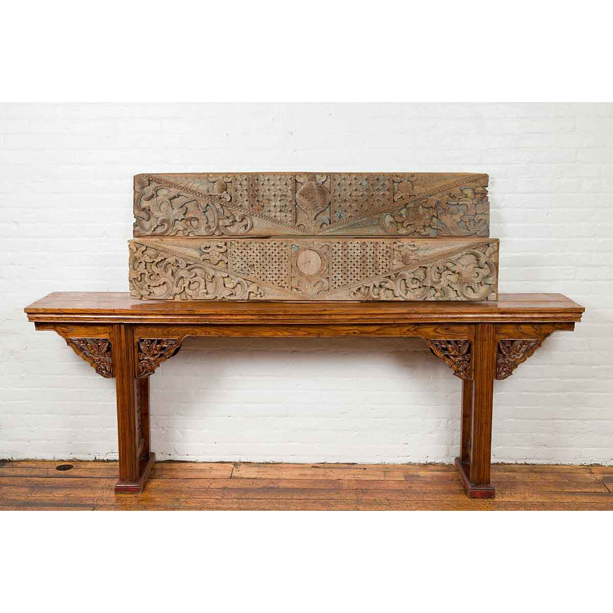 Pair of Indonesian Antique Carved Wood Overdoor Panels with Traces of Blue Paint-3. Asian & Chinese Furniture, Art, Antiques, Vintage Home Décor for sale at FEA Home