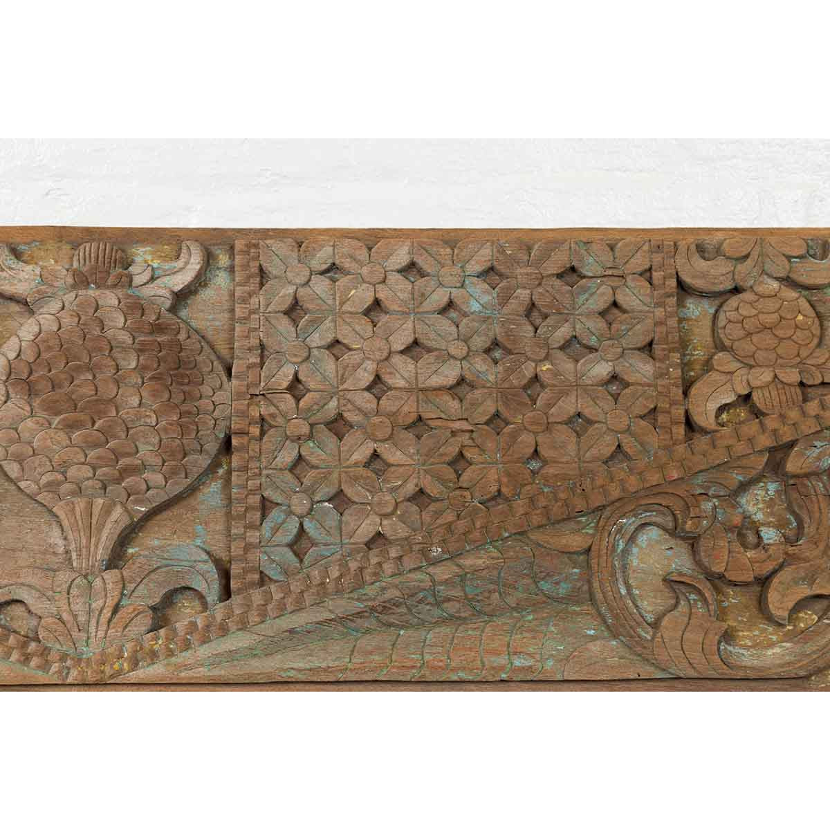 Pair of Indonesian Antique Carved Wood Overdoor Panels with Traces of Blue Paint-14. Asian & Chinese Furniture, Art, Antiques, Vintage Home Décor for sale at FEA Home