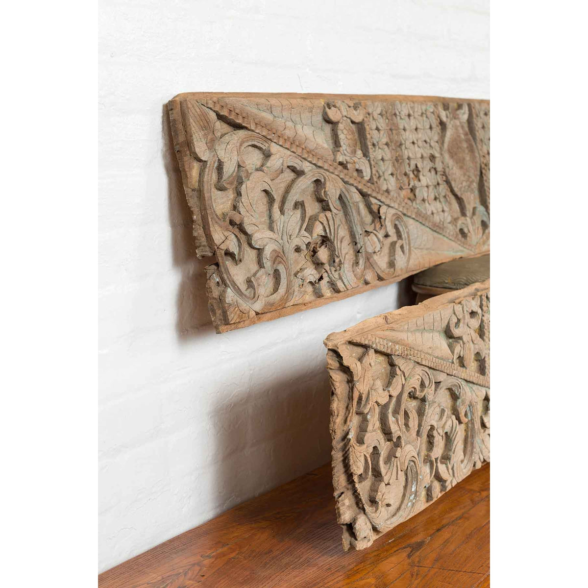 Pair of Indonesian Antique Carved Wood Overdoor Panels with Traces of Blue Paint-4. Asian & Chinese Furniture, Art, Antiques, Vintage Home Décor for sale at FEA Home