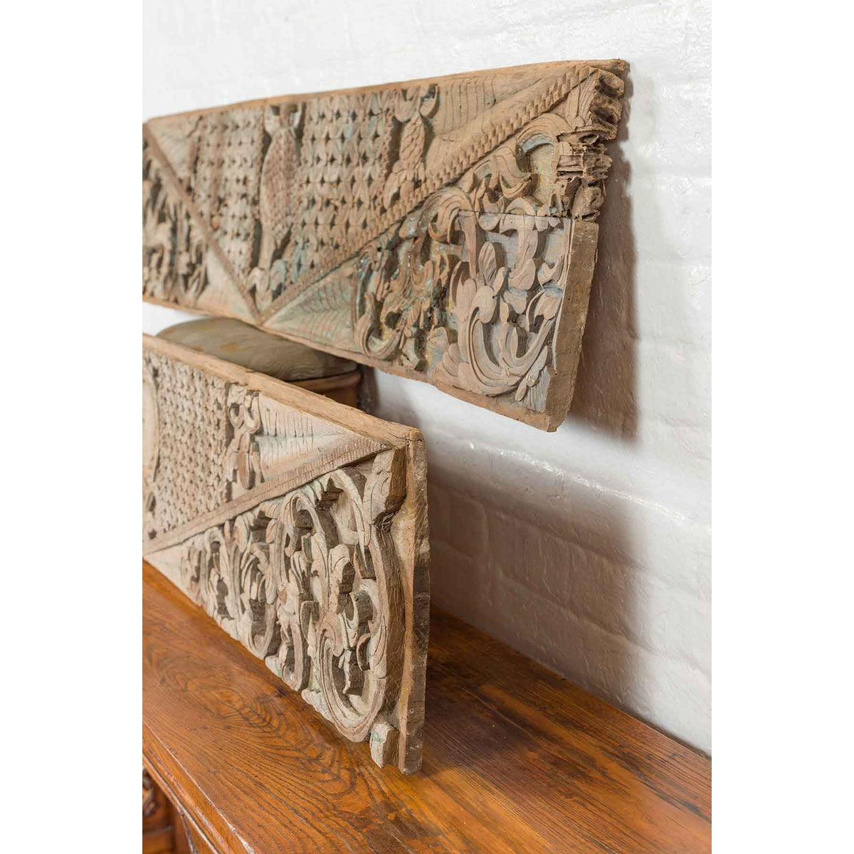 Pair of Indonesian Antique Carved Wood Overdoor Panels with Traces of Blue Paint-5. Asian & Chinese Furniture, Art, Antiques, Vintage Home Décor for sale at FEA Home