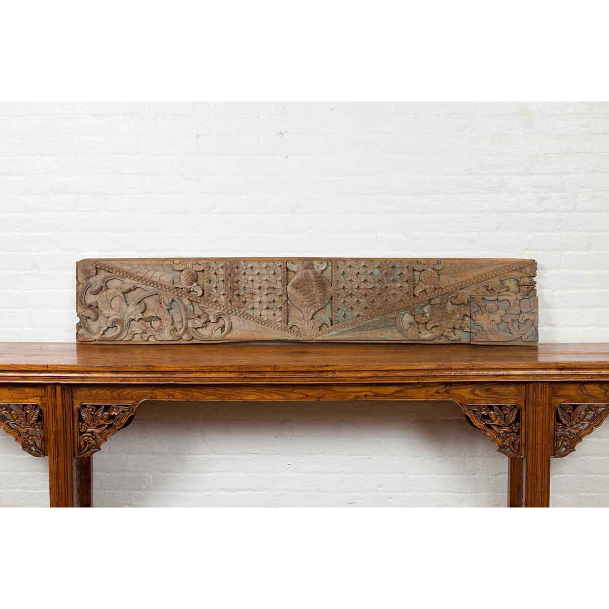 Pair of Indonesian Antique Carved Wood Overdoor Panels with Traces of Blue Paint-16. Asian & Chinese Furniture, Art, Antiques, Vintage Home Décor for sale at FEA Home